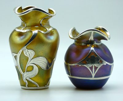 Loetz Candia Papillon silver overlay vase